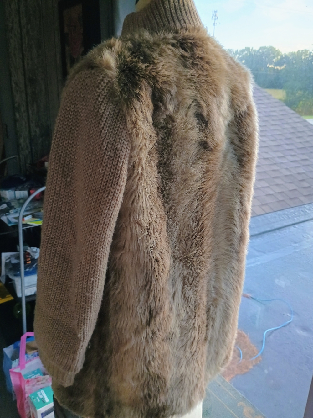 Sears Women's Brown Faux Fur & Knit Mixed Teddy Jacket - Picture 3 of 5
